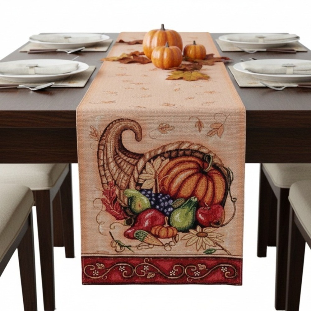 Fall Table Runner‎ Thanksgiving Pumpkin Embroidered Tapestry Cornucopia Decor